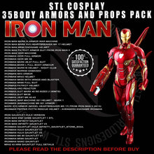 Load image into Gallery viewer, Cosplay 3D printable High quality Iron Man STL pack | 35 body armor and Props pack | High-quality | Tested and Ready to print
